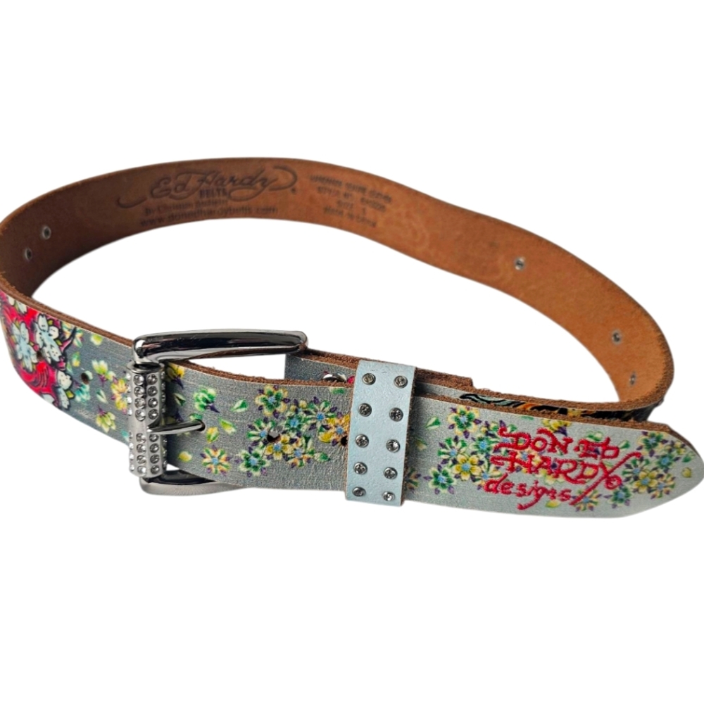 ED HARDY Vintage Geniune Leather Y2K Belt Floral Themed Handmade - Small S